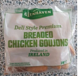 A plastic bag of Glenhaven Breaded Chicken Goujons