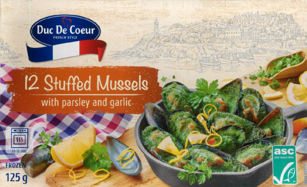 An image of a box of Duc Du Couer Stuffed Mussels