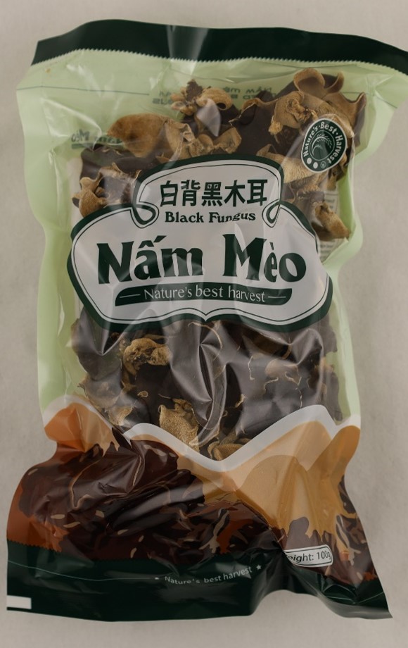 A plastic bag of Vietnamese Black Fungus Nam Meo fungi 