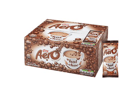 A box of sachets of Aero hot choc drinks