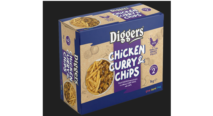 A box of Diggers Chicken Curry & Chips