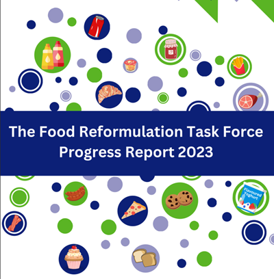A multi-coloured front cover of the 2023 progress report of the Food Reformulation Taskforce