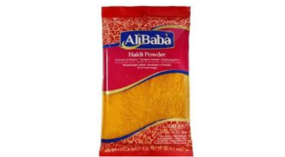 A red bag of turmeric powder