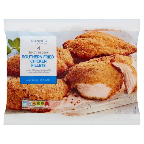 A bag of Dunnes Stores 4 Ready to Cook Southern Fried Chicken Fillets 