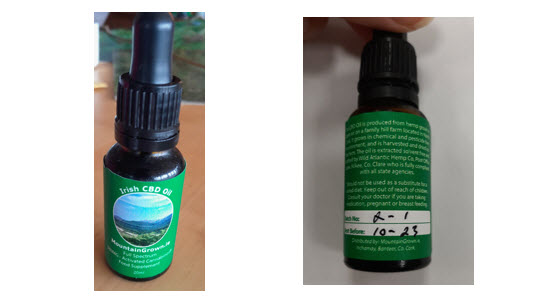 Front and back of bottle of MountainGrown.ie Irish CBD Oil 