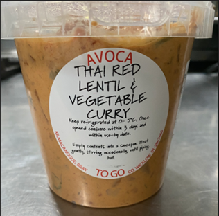 A plastic tub of Avoca Thai Red Lentil and Vegetable Curry