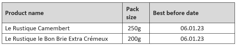 Table regarding milk allergen on Le Rustique cheese