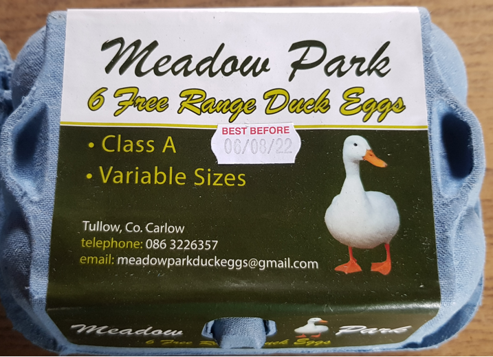 A box of Meadow Park Free Range Duck eggs