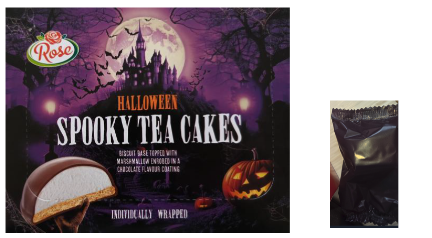 A box of Spooky Halloween Tea Cakes and one individually wrapped Orchard Tea Cake