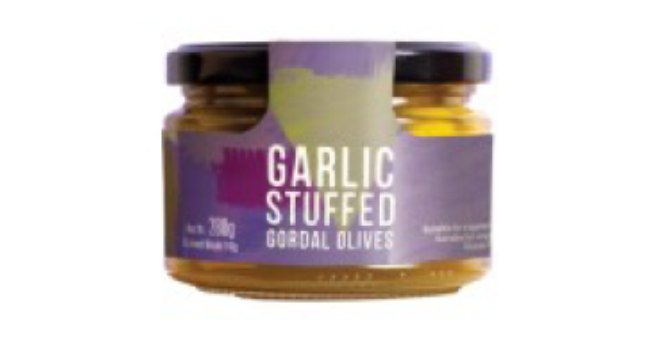 Glass jar of Garlic Stuffed Gordal Olives