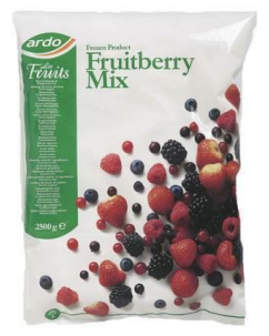 A plastic bag of Ardo Frozen Fruitberry Mix