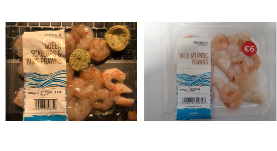 Front of pack labelled Queen Scallops and King Prawns