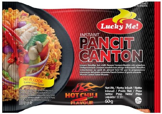 A packet of Lucky Me! Instant Pancit Canton Noodles Hot Chili Flavour