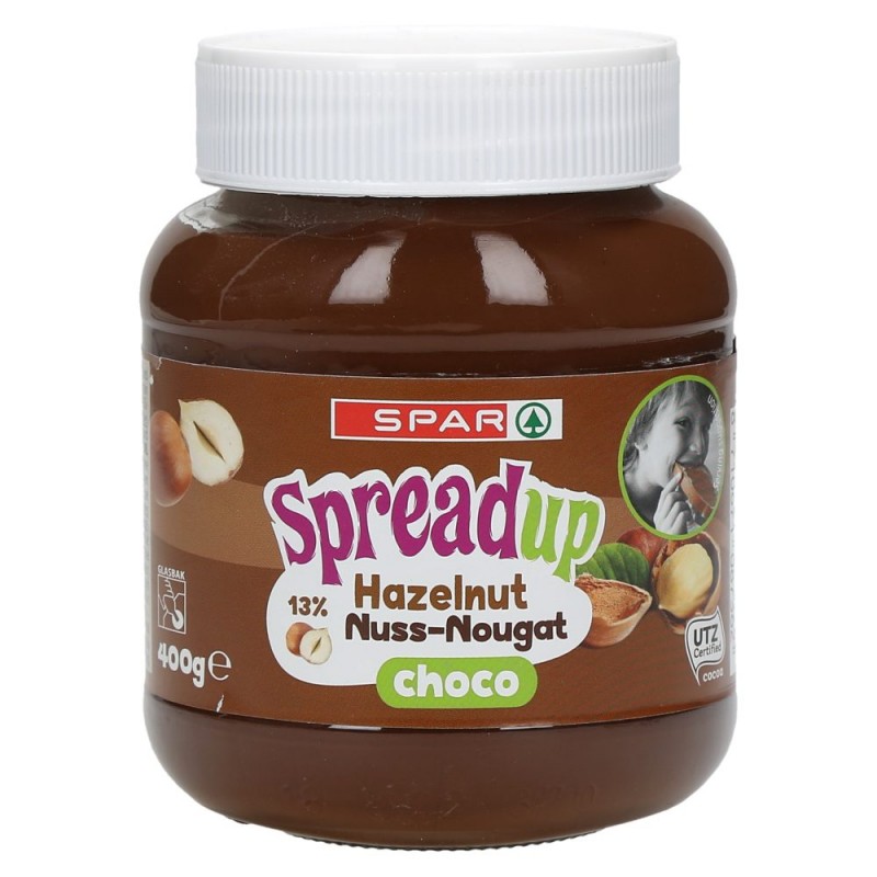 A glass jar of Spar Spread Up Hazelnut Nuss-Nougat