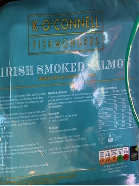 Back of the packet of Kay O'Connell Fishmongers Smoked Salmon